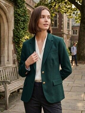 J.Crew Women's Preppy Academia Forest Green Blazer w Gold Crest Buttons Size 12